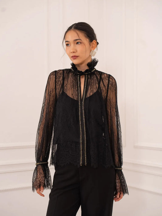 Gold Rhinestone Lace Blouse - Black