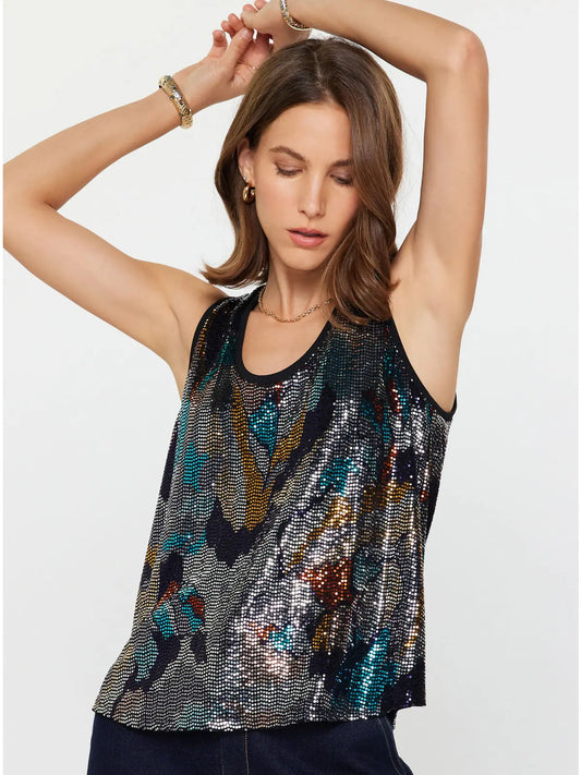 Current Air Metallic Abstract Sequin Top - Black Multi