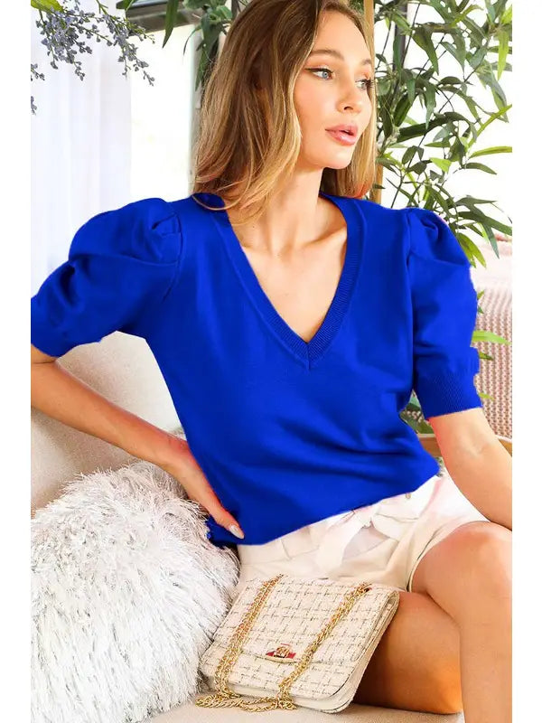V-Neck Puff Sleeve Knitted Sweater - Royal Blue