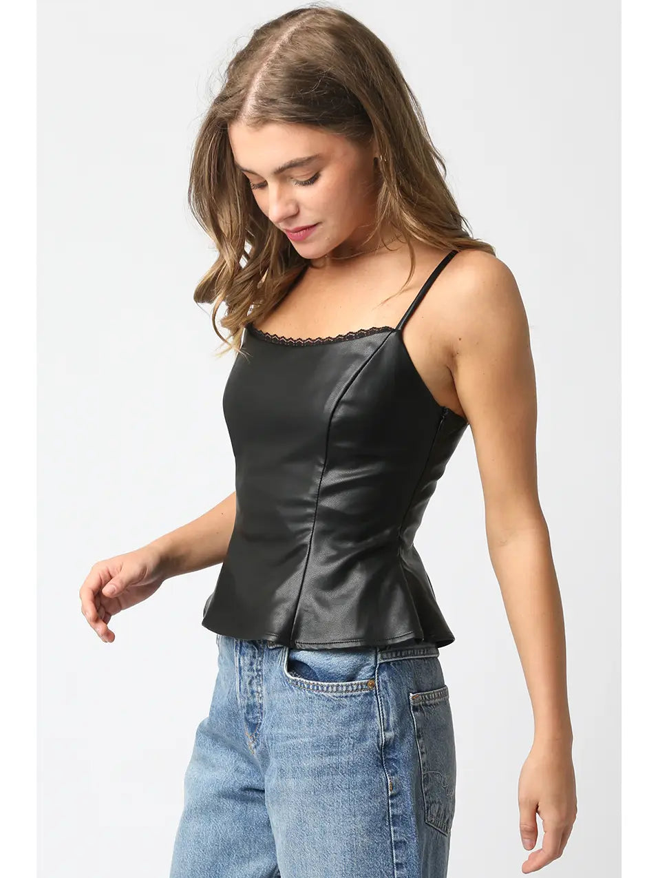 Stacy Faux Leather Peplum Top - Black