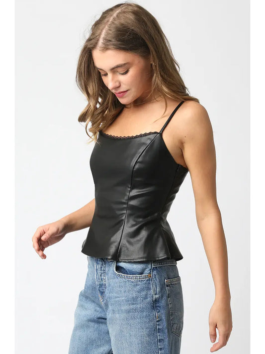 Stacy Faux Leather Peplum Top - Black