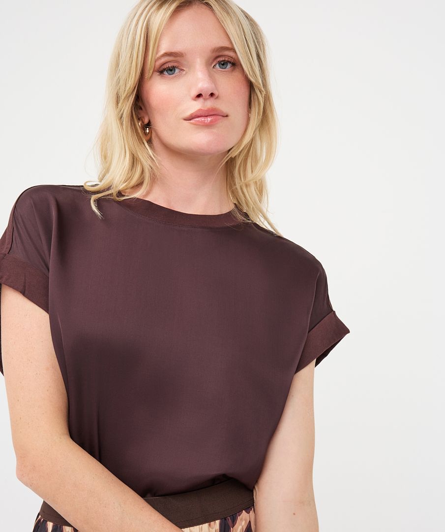 Esqualo Mixed Media Top with Turn-Up Cuff