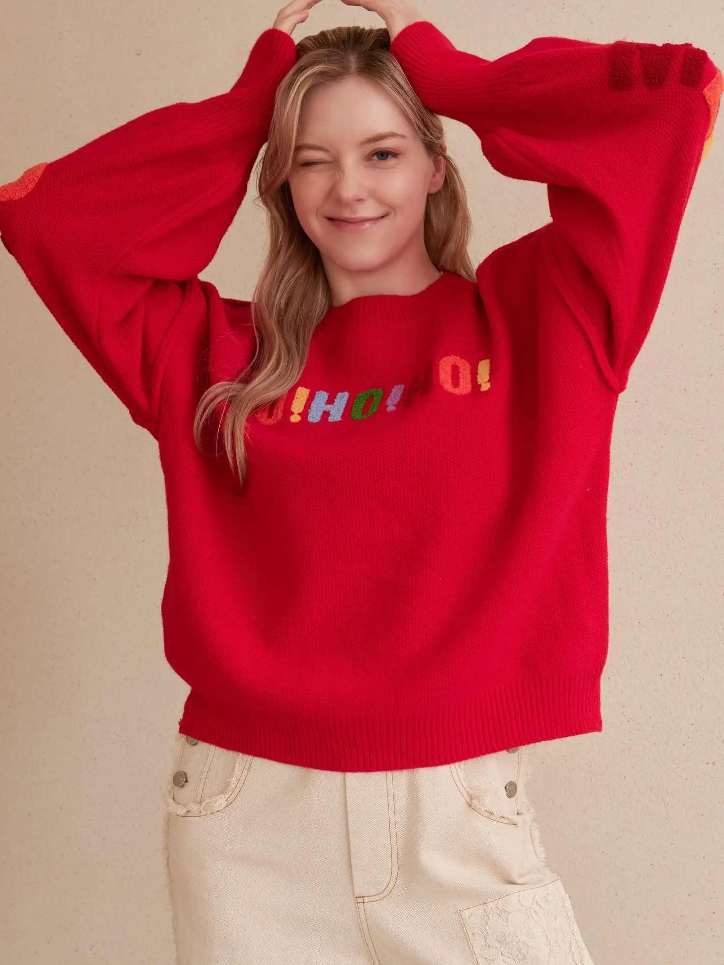 Oversized Christmas Sweater with Lettering - Red
