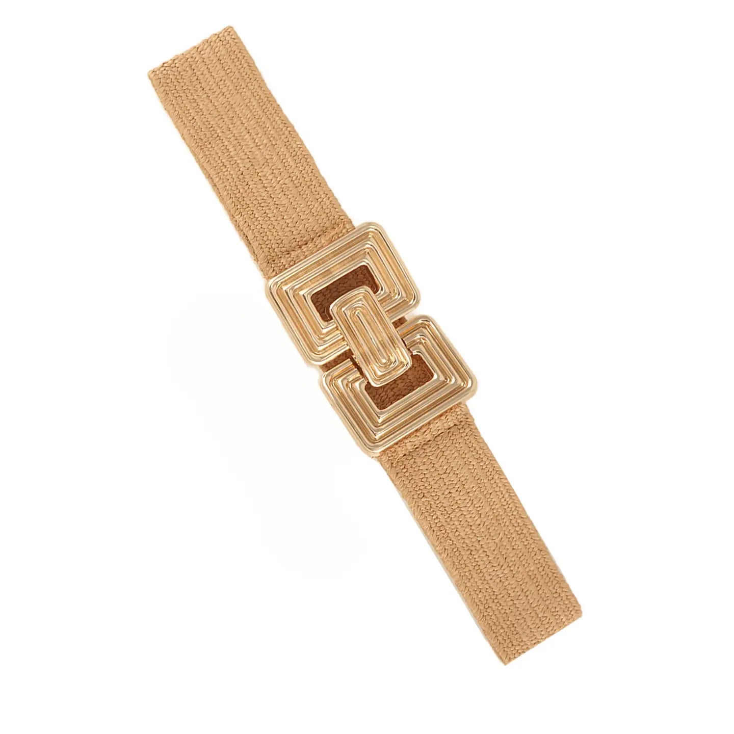 Metal Round Rectangle Elastic Fashion Belt - Khaki