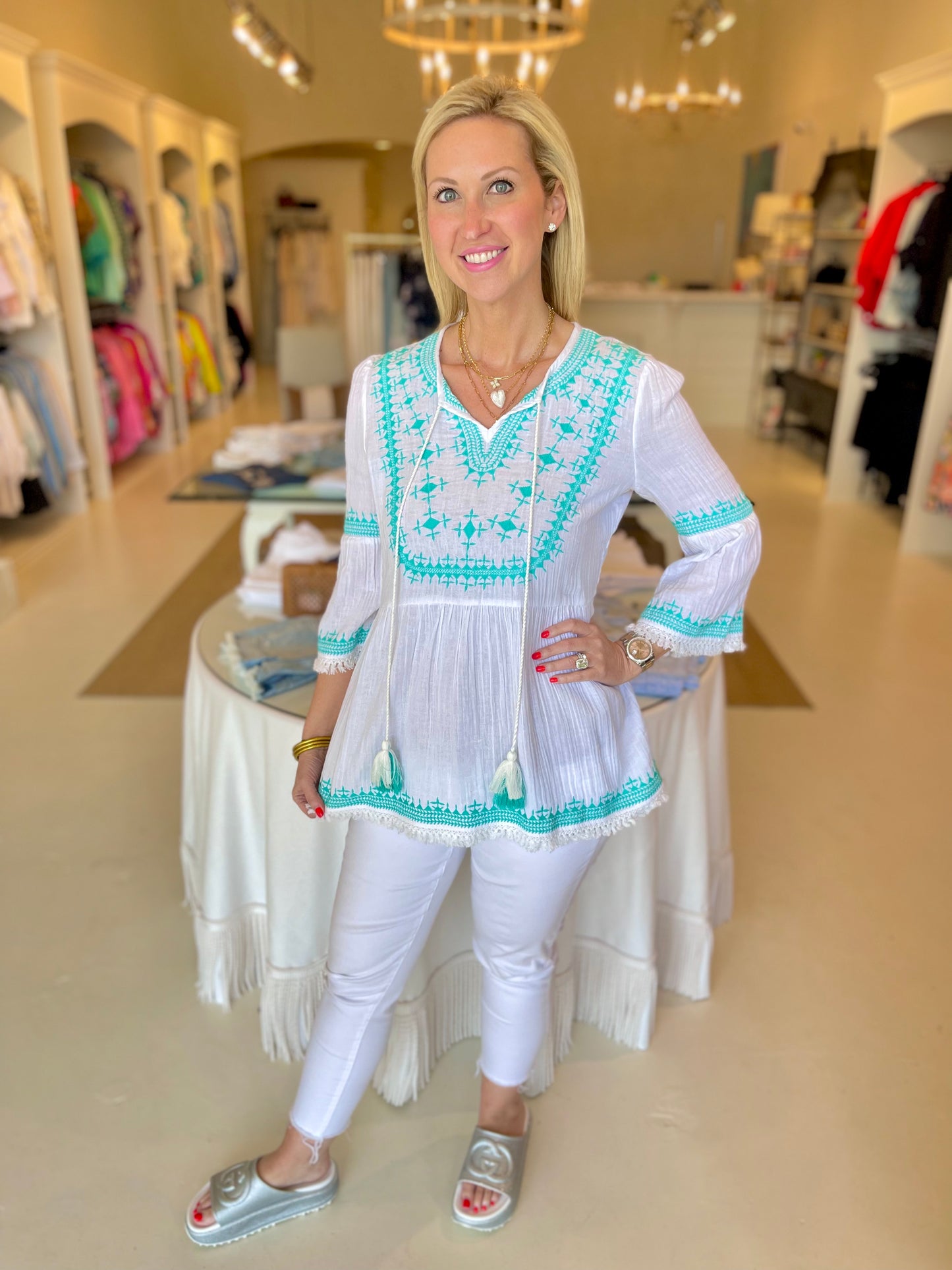 APNY Aztec Embroidered Tunic w Fringe Detail