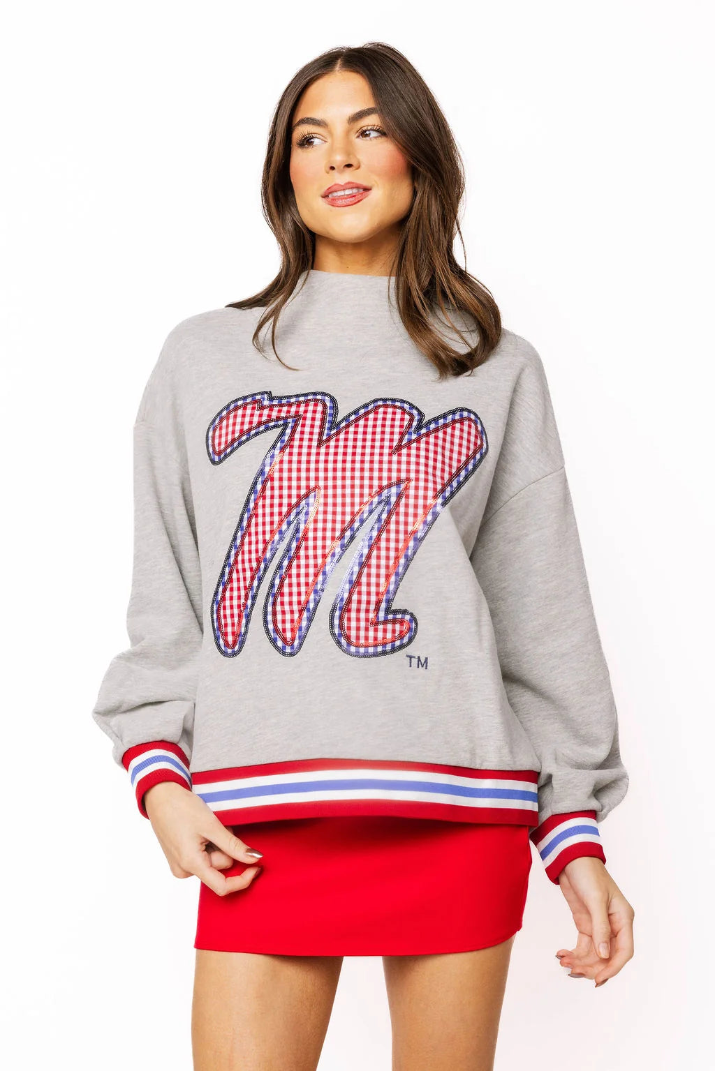 Queen of Sparkles Ole Miss Gingham Mascot Mock Neck Sweatshirt - Grey