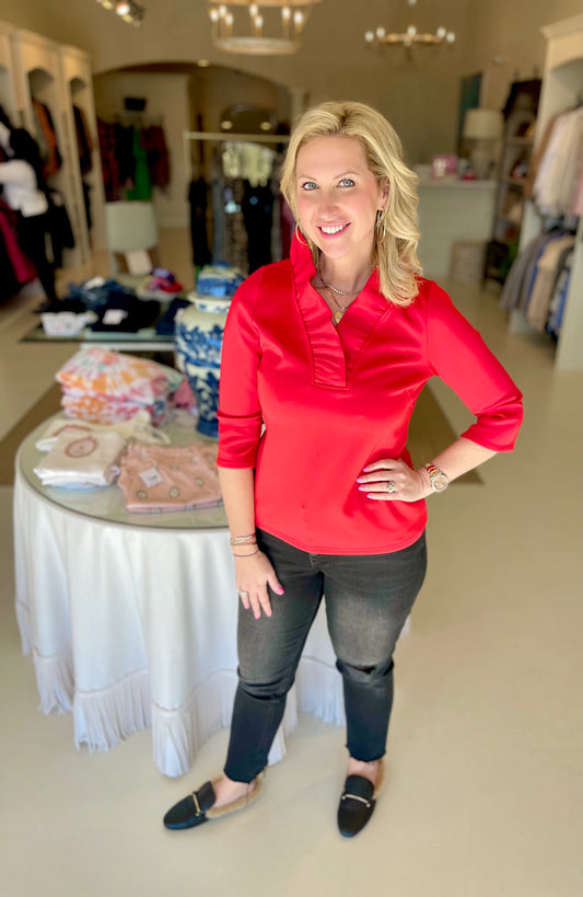 Gretchen Scott Crimson Ruffleneck 3/4 Sleeve Top