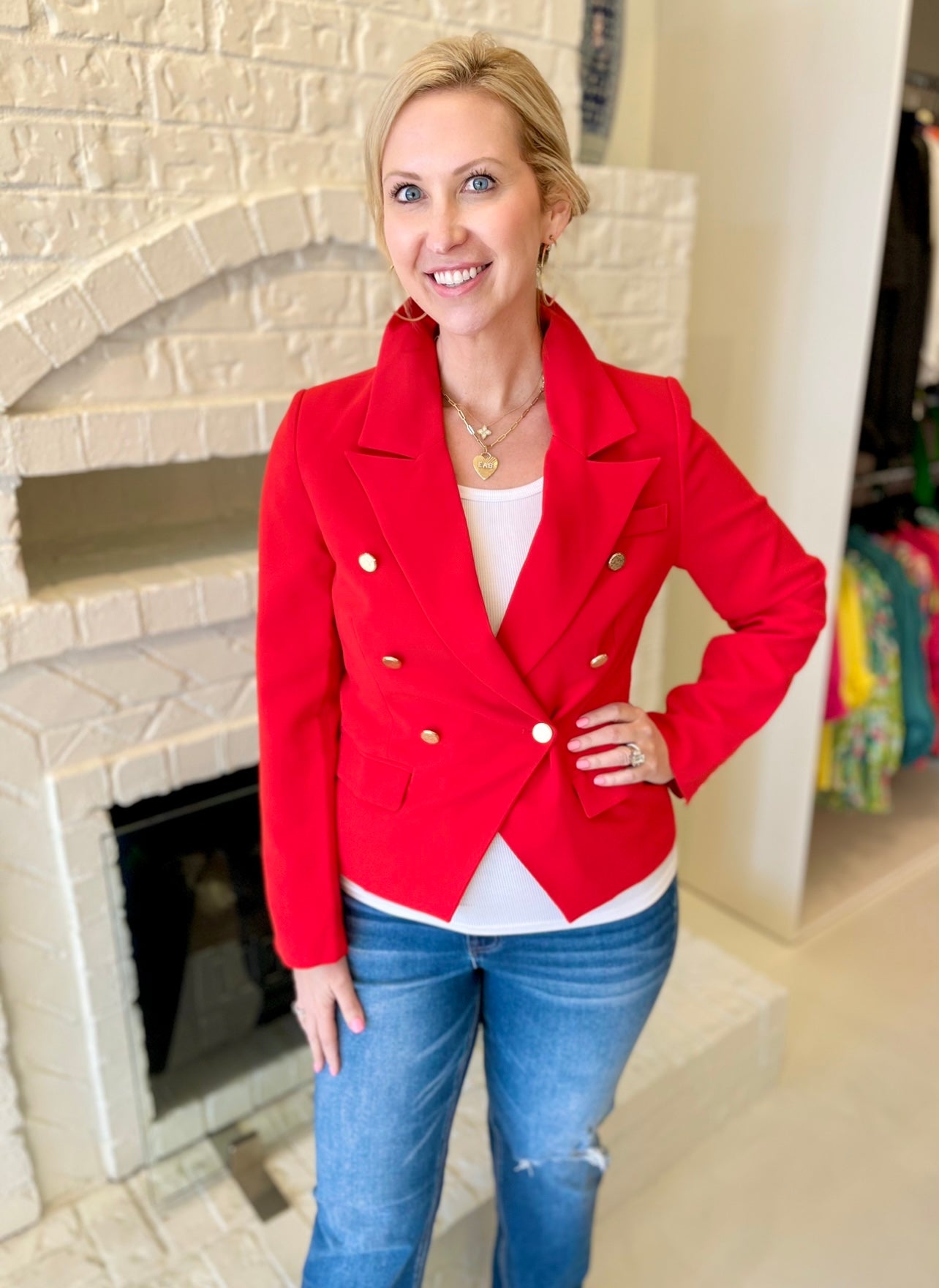 Fate Solid Double Breasted Blazer - Red